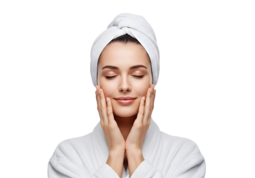 Woman with towel on head touching her face softly on transparent background