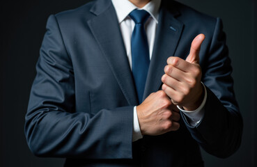 Confident businessman giving a thumbs-up gesture in formal suit and tie