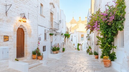Naklejka premium Explore the beauty of an Italian alley with charming white buildings and vibrant flowers.