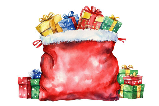 Santa claus red sack overflowing with colorful christmas presents isolated on transparent background. Festive watercolor santa red sack filled with colorful isolated on white background.