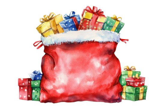 Santa claus red sack overflowing with colorful christmas presents isolated on transparent background. Festive watercolor santa red sack filled with colorful isolated on white background. - Powered by Adobe