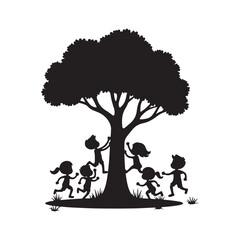"Kids silhouette under tree – fun and playful vector graphic for children, family, and outdoor designs."