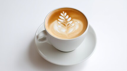 "Aesthetically Pleasing Latte Art in a White Cup on a White Background"