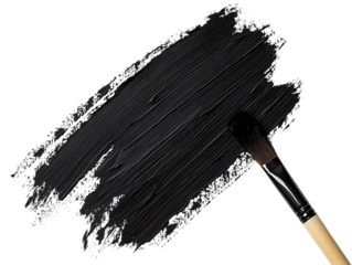 Close up of a paintbrush creating a textured black stroke on a transparent background isolated on transparent background