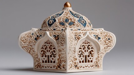 Ornate Ceramic Box with Intricate Islamic - Inspired Design and Gold Accents