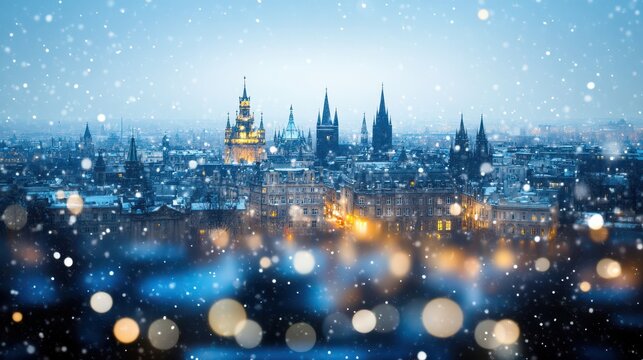 Prague cityscape under a beautiful snowfall at dusk, with lights illuminating the buildings. - Powered by Adobe