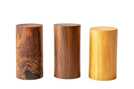 Rough wooden logs standing upright isolated on transparent background. Wooden pedestal cylinders of varying heights perfect for product display isolated on white background.