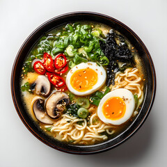 Overhead view of a delicious bowl of ramen soup with sliced eggs, mushrooms, scallions, nori seaweed, and chili peppers served in a dark brown bowl.
