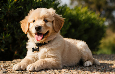 Cute golden retriever puppy lying on the ground outdoors with a happy expression