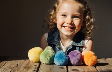 Fototapeta premium A smiling young girl with curly hair lies on a wooden surface with colorful fluffy balls in front of her