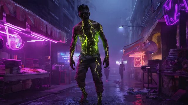 Menacing zombie with glowing green veins walks through a deserted, neon-lit city street at night, creating a spooky and surreal atmosphere
