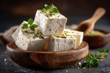 Cubes of white cheese, seasoned with herbs, in a wooden bowl