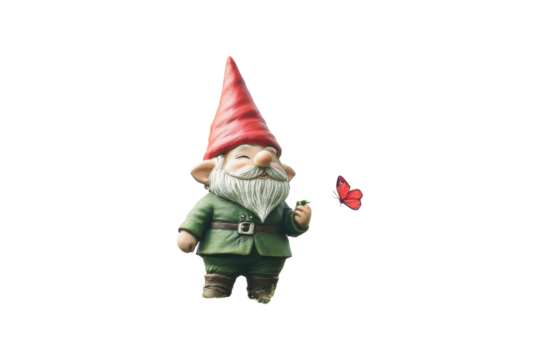 Whimsical garden gnome figurine with red hat isolated on transparent background. Garden gnome figurine with red hat and green outfit isolated on white background.