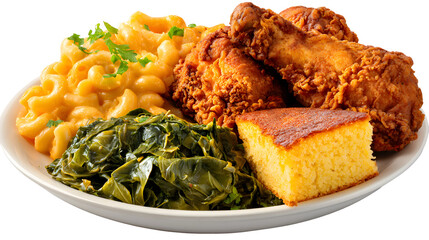 A classic soul food platter with fried chicken, mac & cheese, collard greens, and cornbread. This hearty, isolated shot is perfect for Southern comfort food menus.