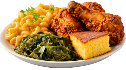 A classic soul food platter with fried chicken, mac & cheese, collard greens, and cornbread. This hearty, isolated shot is perfect for Southern comfort food menus.