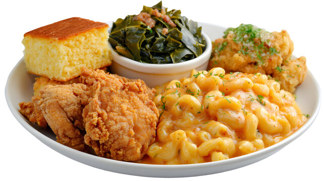 A classic soul food platter with fried chicken, mac & cheese, collard greens, and cornbread. This hearty, isolated shot is perfect for Southern comfort food menus.