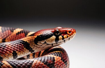 Colorful snake coiled with detailed scales and striking eyes on a plain background
