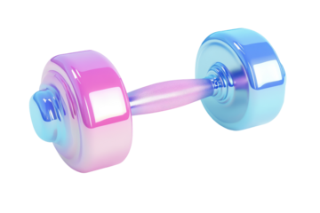 Colorful gradient dumbbell isolated on transparent background. Glossy dumbbell with a pastel shine featuring gradient colors in blue pink and purple isolated on white background, 3d rendering.