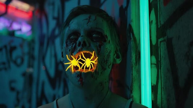 Spooky child with zombie makeup holding two plastic spiders in his mouth, standing in a dark, graffitied alley illuminated by neon lights, celebrating halloween