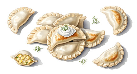 Delicious pierogi with filling and sour cream, a traditional Eastern European dumpling illustration
