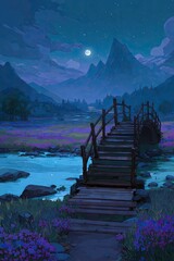 Moonlight bridge over a serene valley