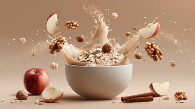 A bowl of oatmeal with milk splashing, apples, walnuts, and cinnamon sticks on a beige background