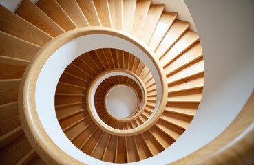 Spiral wooden staircase viewed from above creating a dynamic geometric pattern