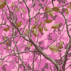 Pink camouflage pattern with branches and leaves