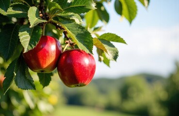 Red apples hanging from a tree branch in an orchard with green leaves and a blurred landscape background