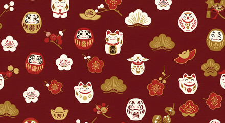 だるまや招き猫など日本の縁起物を散りばめた和柄のお正月背景。赤色のおしゃれなパターンのイラスト素材。