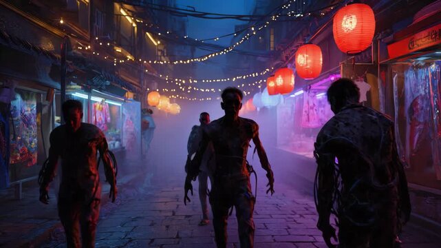 Group of zombies walking down a chinatown street at night, illuminated by colorful neon lights and traditional red lanterns, creating a spooky and surreal atmosphere