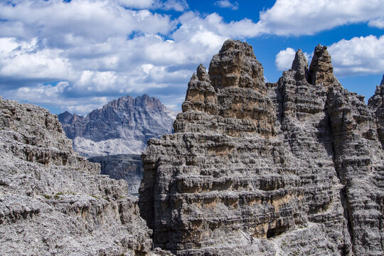 the great wall, view from Via Ferrata DeLuca Innerkofler, Monte Paterno, Dolomites Mountains, Italy 