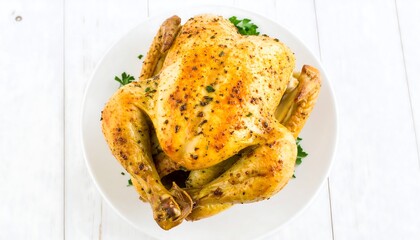 A roasted chicken, seasoned with herbs and spices, sits beautifully on a white plate, presented against a bright white wooden surface.