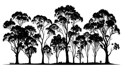 Silhouettes of various trees against a white background.
