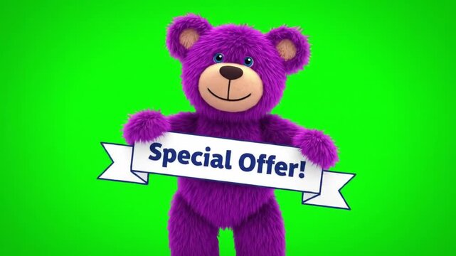 Animated purple teddy bear dances with a special offer banner on green screen
