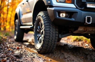 Off-road vehicle tire navigating muddy trail in outdoor environment