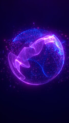 A glowing digital sphere made of neon pink and blue particles, suspended in deep space with radiant data points orbiting its form