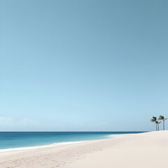 Palm trees flanking pristine white sandy beach, gently descending toward tranquil turquoise waters under expansive azure sky, representing peaceful tropical paradise