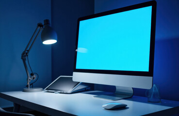 Fototapeta premium A modern desktop computer setup illuminated by a desk lamp in a dimly lit room