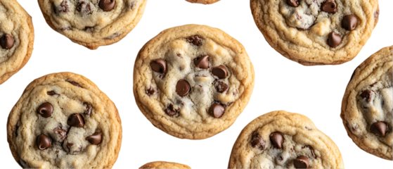 Delicious chocolate chip cookies scattered on a black backdrop, perfect for food blogs, recipes, and culinary designs