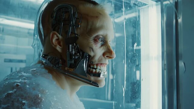 Futuristic cyborg undergoing cryogenic freezing in a specialized chamber, encased in ice and connected to life support systems, emphasizing suspended animation and human augmentation