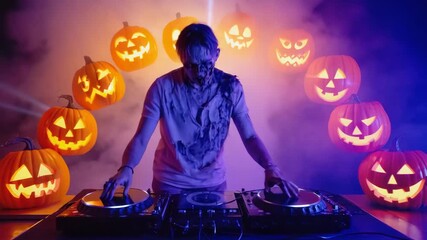 Dj with halloween makeup is playing music on a console, surrounded by illuminated pumpkins and smoke, creating a spooky and festive atmosphere - Powered by Adobe