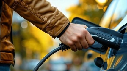Hand holding electric car charging connector, powering vehicle, green energy lifestyle, charging station background with blurred trees.