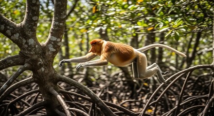 Proboscis Monkey in Mid-Leap