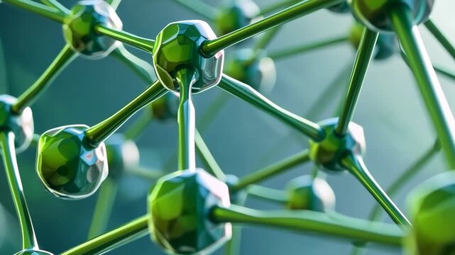 Green hydrogen molecule structure, clean energy source, abstract science background, futuristic clean technology concept, connected atoms.