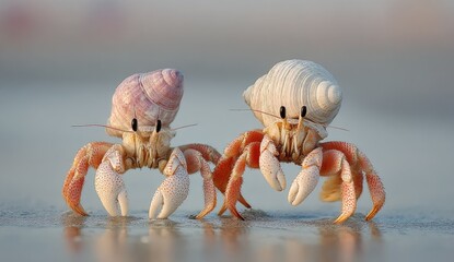 Two hermit crabs, light pink and white shells, on wet sand