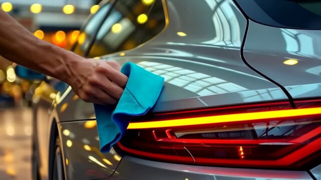 A gentle hand wipes a gleaming car surface with a soft blue cloth, making the vehicle shine.