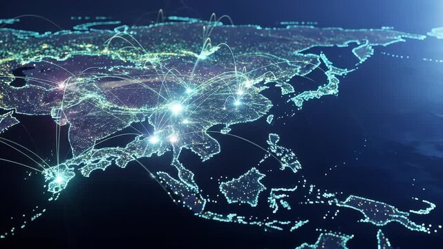 Digital Connectivity and Data Transfer Over Japan and Southeast Asia Aerial View