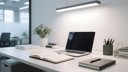 Modern Office Desk with Laptop, Notebook, and Stationery