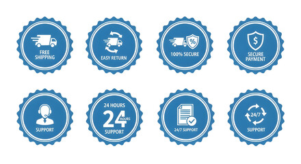 E-commerce Guarantee Badge Icons Set: Free Shipping, Easy Return, Secure Payment, 24/7 Support | Reliable Online Shopping Trust Symbols for Website and Marketing